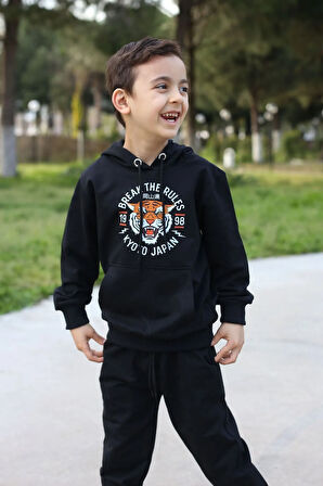 Gri Kapşonlu Çocuk  Baskılı Eşofman Takımı Unisex