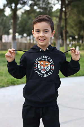 Gri Kapşonlu Çocuk  Baskılı Eşofman Takımı Unisex