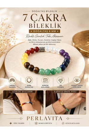 Bileklik Doğaltaş 7 Çakra 8 mm - Akik Oniks Kuvars Ametist Kaplan Gözü Sitrin