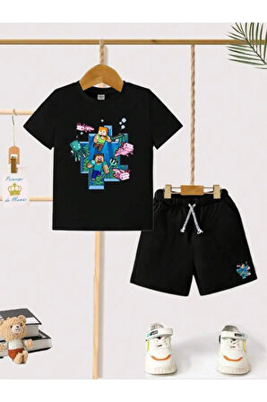 Çocuk Tasarım Minecraft Oyun Baskılı T-Shirt Şort Alt Üst Takım %100 Pamuk