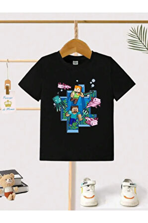 Çocuk Tasarım Minecraft Oyun Baskılı T-Shirt Şort Alt Üst Takım %100 Pamuk