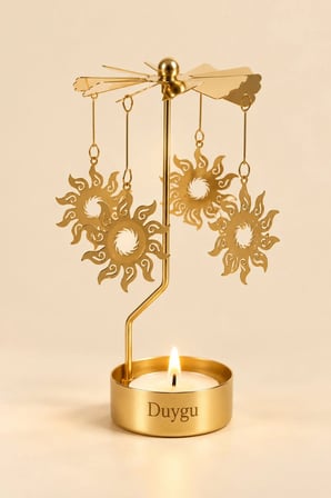 Kişiye Özel İsimli Dönen Mumluk Güneş Figürlü Altın Metal Tealight Mum Tutucu Dekoratif Hediye 15 cm
