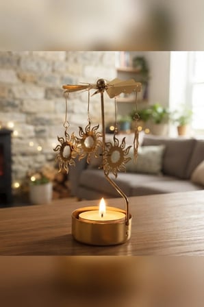 Kişiye Özel İsimli Dönen Mumluk Güneş Figürlü Altın Metal Tealight Mum Tutucu Dekoratif Hediye 15 cm