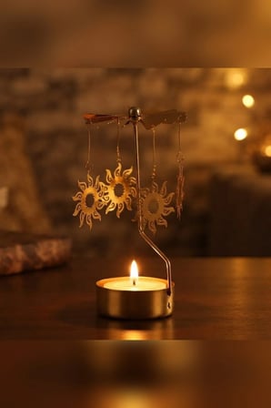 Kişiye Özel İsimli Dönen Mumluk Güneş Figürlü Altın Metal Tealight Mum Tutucu Dekoratif Hediye 15 cm