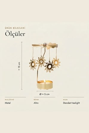 Kişiye Özel İsimli Dönen Mumluk Güneş Figürlü Altın Metal Tealight Mum Tutucu Dekoratif Hediye 15 cm