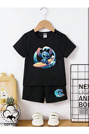 Çocuk Tasarım Stitch Surf Çizgi Karakter Baskılı Bisiklet Yaka Alt-üst Takım Pamuklu