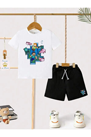 Çocuk Tasarım Minecraft Oyun Baskılı T-Shirt Şort Alt Üst Takım %100 Pamuk