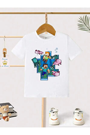 Çocuk Tasarım Minecraft Oyun Baskılı T-Shirt Şort Alt Üst Takım %100 Pamuk