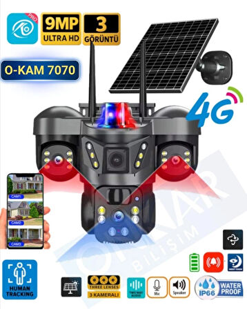 Okam 7070 Solar Güneş Enerjili 4G Sim Kartlı eSim Destekli 9MP 3 Lens Güvenlik Kamerası
