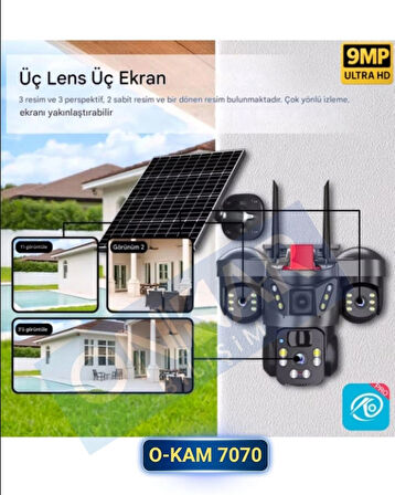 Okam 7070 Solar Güneş Enerjili 4G Sim Kartlı eSim Destekli 9MP 3 Lens Güvenlik Kamerası