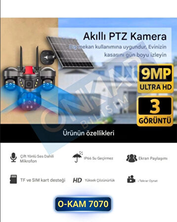 Okam 7070 Solar Güneş Enerjili 4G Sim Kartlı eSim Destekli 9MP 3 Lens Güvenlik Kamerası