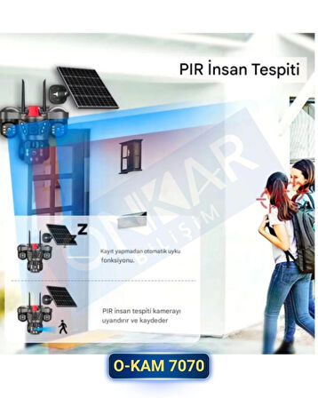 Okam 7070 Solar Güneş Enerjili 4G Sim Kartlı eSim Destekli 9MP 3 Lens Güvenlik Kamerası