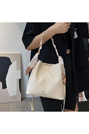 Fularlı 3 gözlü krem çapraz ve omuz çantası