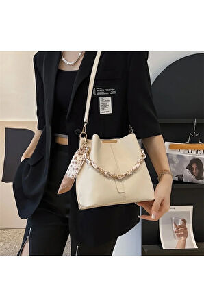 Fularlı 3 gözlü krem çapraz ve omuz çantası