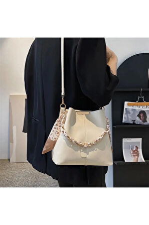 Fularlı 3 gözlü krem çapraz ve omuz çantası