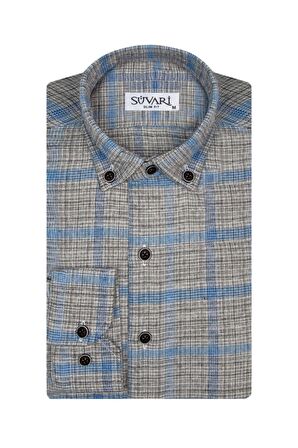 Süvari Slim Fit Desenli Flanel Gri Erkek Gömlek