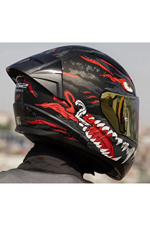 Rapıd 2 Race Kaıju Mat Siyah-Kırmızı Fullface Motosiklet Kaskı Gold Camlı