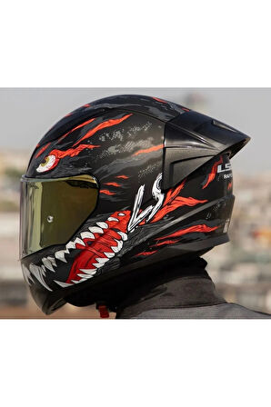 Rapıd 2 Race Kaıju Mat Siyah-Kırmızı Fullface Motosiklet Kaskı Gold Camlı
