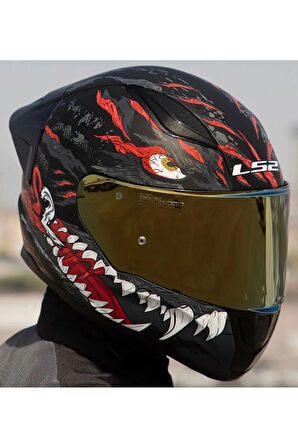 Rapıd 2 Race Kaıju Mat Siyah-Kırmızı Fullface Motosiklet Kaskı Gold Camlı