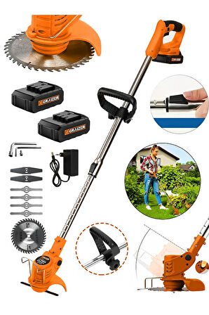 Pro Kızaklı Uzatma Kollu Akülü Ot Çalı Çim Biçme Şarjlı Tırpan Turuncu