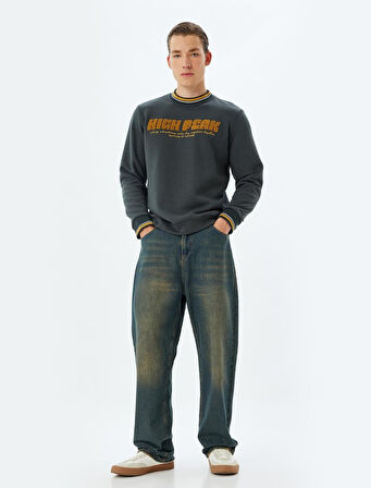 Bisiklet Yaka Sweatshirt Kolej Nakışlı Şardonlu Pamuk Karışımlı