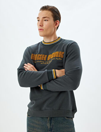 Bisiklet Yaka Sweatshirt Kolej Nakışlı Şardonlu Pamuk Karışımlı
