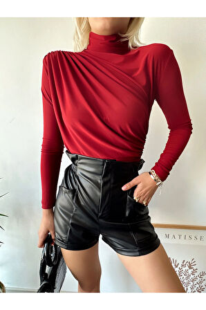 Kadın Kırmızı Dik Yaka Sandy Kumaş Büzgü Detaylı Bluz