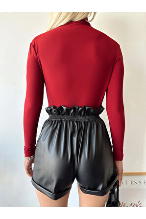 Kadın Kırmızı Dik Yaka Sandy Kumaş Büzgü Detaylı Bluz