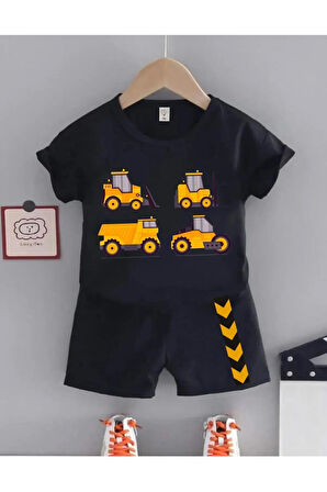 Çocuk Tasarım Kamyon Kepçe Makine Baskılı T-Shirt Şort Alt Üst Takım %100 Pamuk