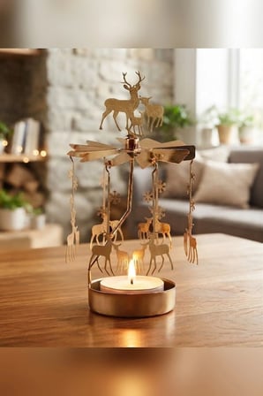 Dönen Mumluk Tepesi Geyik Süslü Altın Metal Tealight Mum Tutucu Yılbaşı Dekoru 18 cm