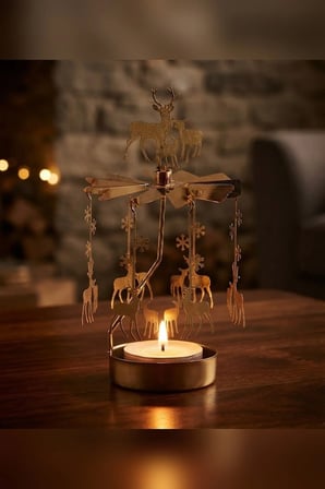 Dönen Mumluk Tepesi Geyik Süslü Altın Metal Tealight Mum Tutucu Yılbaşı Dekoru 18 cm