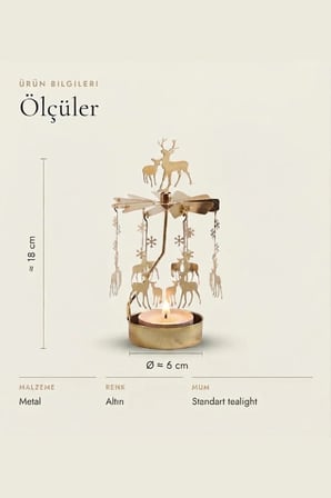 Dönen Mumluk Tepesi Geyik Süslü Altın Metal Tealight Mum Tutucu Yılbaşı Dekoru 18 cm