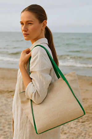 Kadın Omuz Çantası – Keten Kumaş Deri Detaylı Lüks Çanta