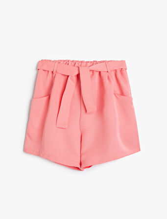 Kız Çocuk Şort Kemer Detaylı Cepli Beli Lastikli