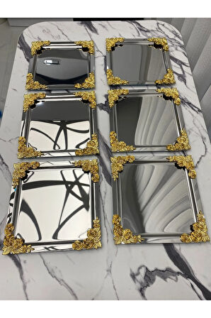 6'Lı Lüx 4 köşesi Çiçekli kare Gümüş Kaplama Model çay.kahve.ikram servis Sunum Tepsisi 21x21