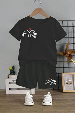 Unisex Çocuk Tasarım Kedi Köpek Baskılı %100 Pamuk T-Shirt Şort Alt Üst Takım