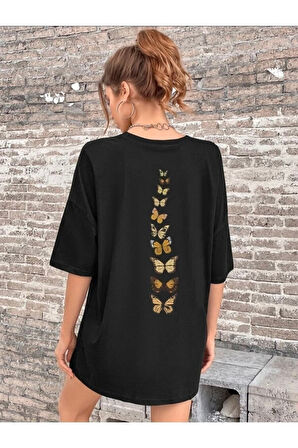 Gramix Kadın Siyah Sırt Detay Kelebek Baskılı Oversize T-shirt