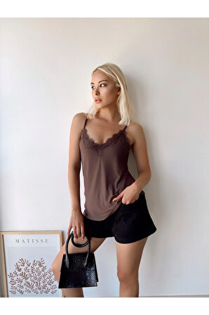 Kadın Koyu Kahverengi İp Askılı Dantelli Bluz