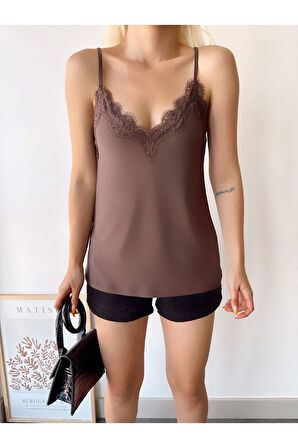 Kadın Koyu Kahverengi İp Askılı Dantelli Bluz