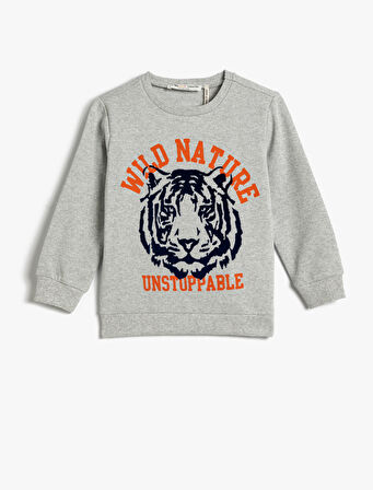 Erkek Çocuk Sweatshirt Şardonlu Bisiklet Yaka Kaplan Baskılı Pamuklu