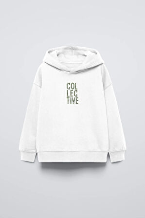 Beyaz Kapüşonlu Collective Yazılı Arka Fly Kn It Yazılı Oversize Çocuk Sweatshirt