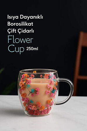 Keyfisepet En Keyifli Sepet Isıya Dayanıklı Borosilikat Çift Çidarlı Flower Cup Çiçekli Bardak