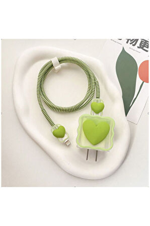 Yeni Trend Iphone 18w/20w Adaptör Uyumlu Şarj Başlığı Ve Kablo Koruyucu 4'lü Set Açık Yeşil