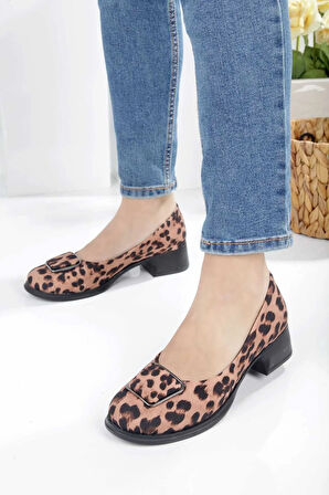 Kadın Topuklu Leopar Desenli Kare Tokalı Babet