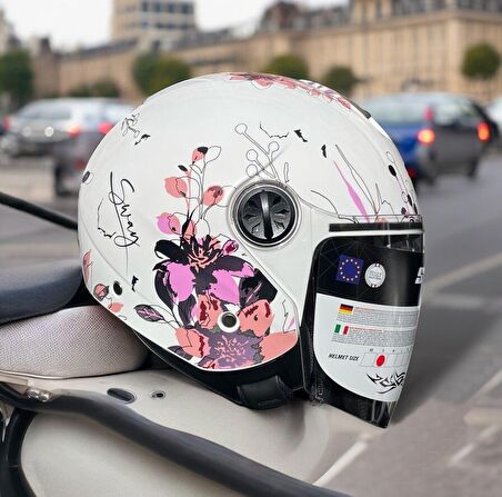 Sway 715 Şeffaf Vizörlü Yarım Motosiklet Scooter Kaskı S Beden Iris White Pink