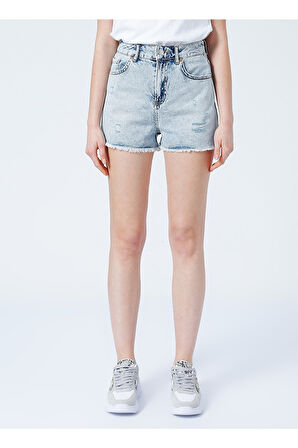 Normal Bel Indigo Melanj Kadın Denim Şort