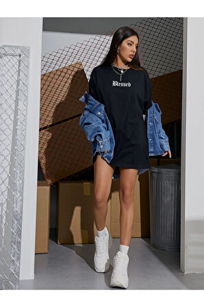Siyah Blessed Yazılı Oversize Penye T-shirt