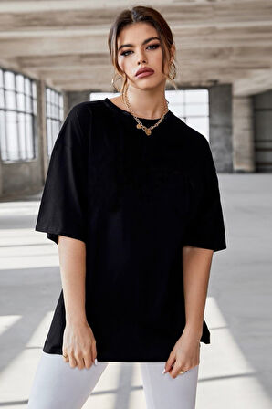 new moda Oversize Better Late Than Never Baskılı Siyah Tshirt OVRSZTSHRT08