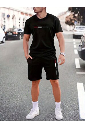 Erkek Siyah Oversize Beyaz Los Angeles Baskılı Bisiklet Yaka Kısa Kollu T-shirt Şort Takımı