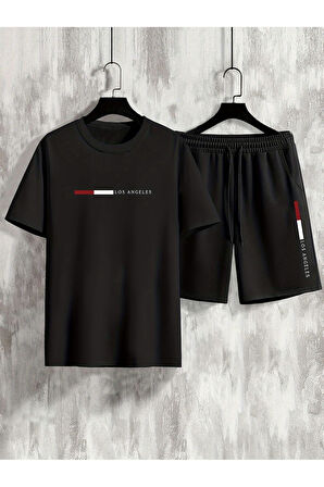 Erkek Siyah Oversize Beyaz Los Angeles Baskılı Bisiklet Yaka Kısa Kollu T-shirt Şort Takımı